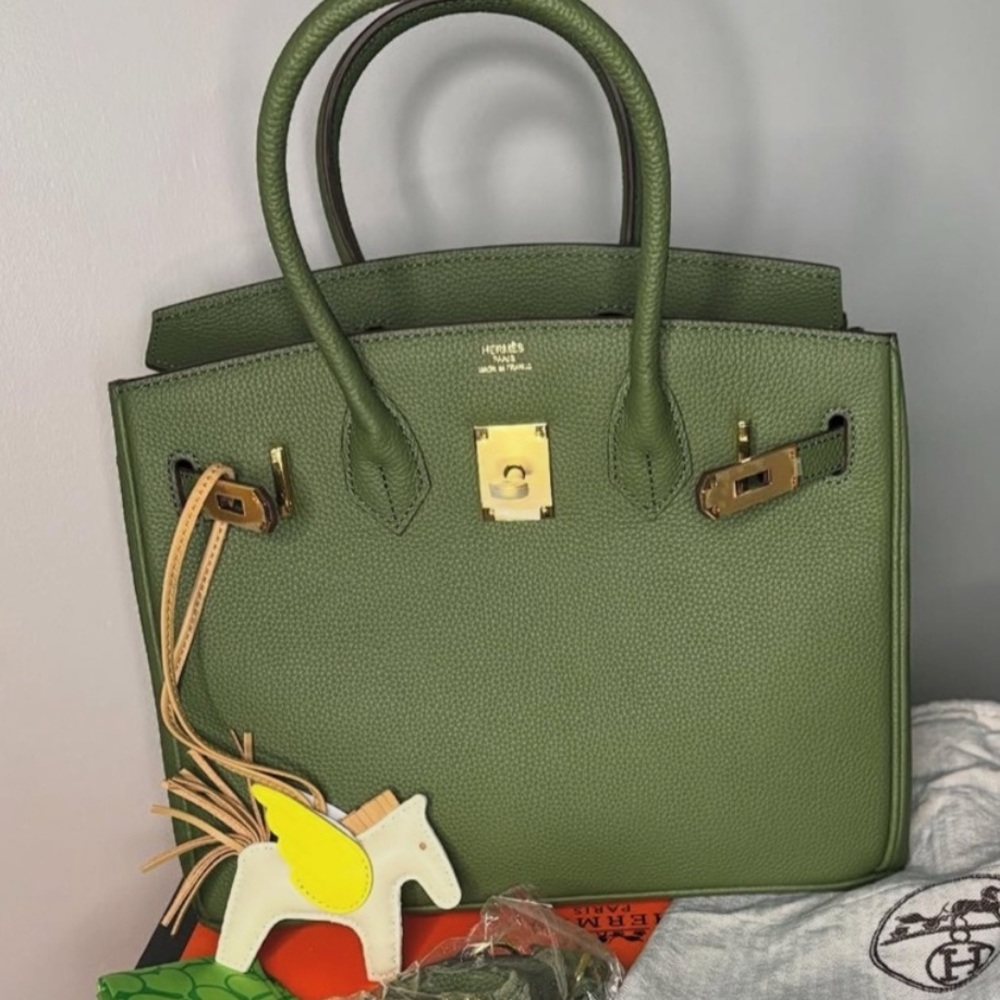 Hermès-style Olive Green Leather Satchel with Gold Hardware